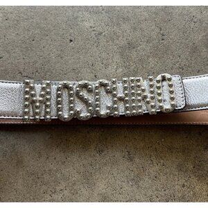 MOSCHINO Silver Embellished Logo Lettering Belt Leather Women’s Sz 44 Italy Made